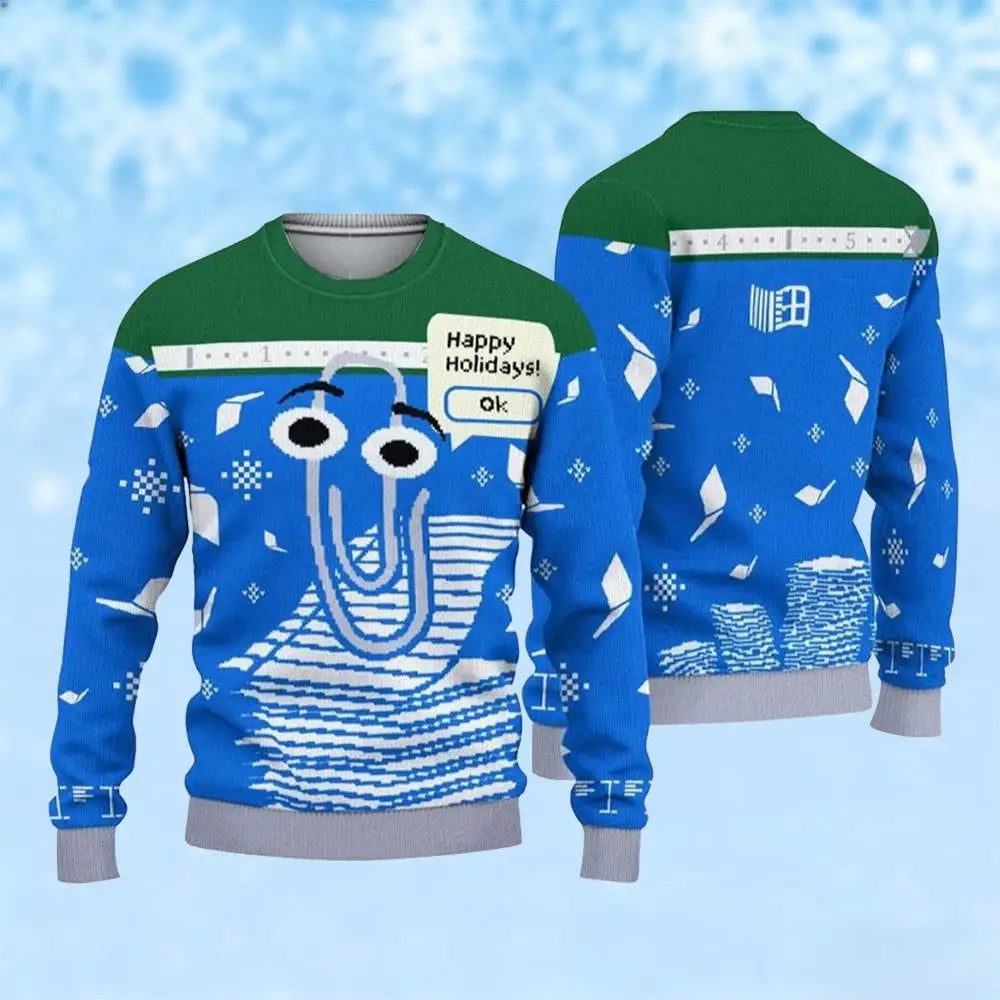 Funny Cute Paperclip Ugly Christmas Sweater Men Women Personality 3D Print Pullover Sweater Unique Festival Long Sleeves Tops