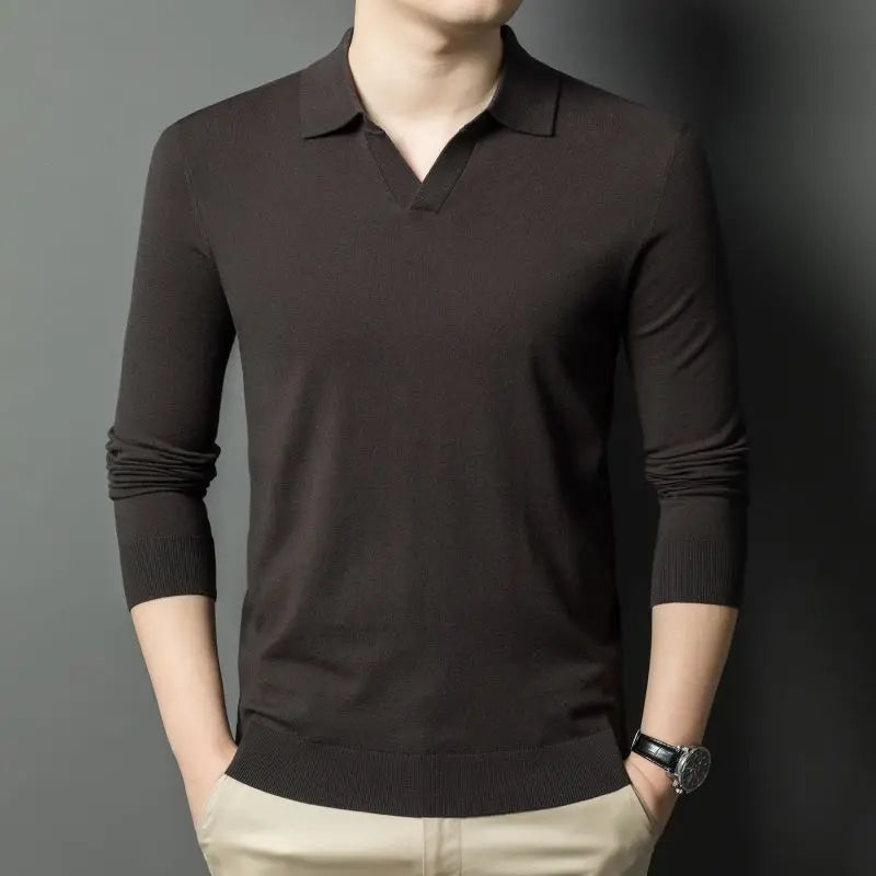 Men's Autumn & Winter Blouse Collar Knitted Pullover, Business Casual Slim-Fitting Wool Textile Sweater, Gentleman Polo Shirt