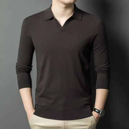 Men's Autumn & Winter Blouse Collar Knitted Pullover, Business Casual Slim-Fitting Wool Textile Sweater, Gentleman Polo Shirt