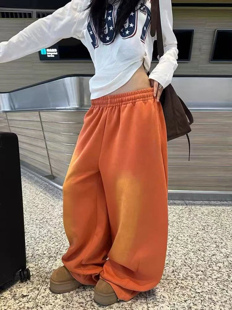 NUOMICI Women's Jeans Orange Mid Low Waist Washed Retro Wide Leg Loose Sports Kpop Hip-hop Street Pants Fashion Women's Pants