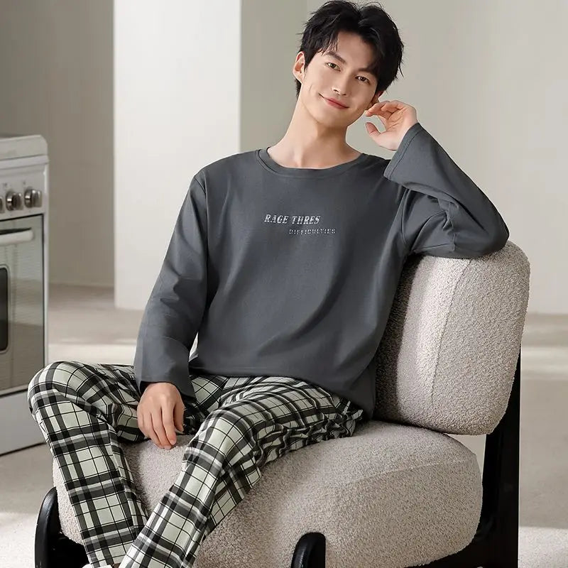 2024 Autumn Long Sleeve 100% Cotton Pajamas Sets for Men Korean Loose High Quality Sleepwear Pyjamas Male Homewear Home Clothes
