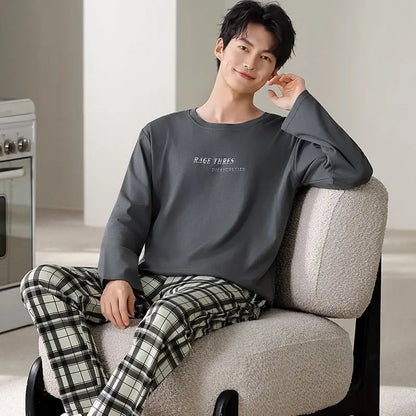 2024 Autumn Long Sleeve 100% Cotton Pajamas Sets for Men Korean Loose High Quality Sleepwear Pyjamas Male Homewear Home Clothes
