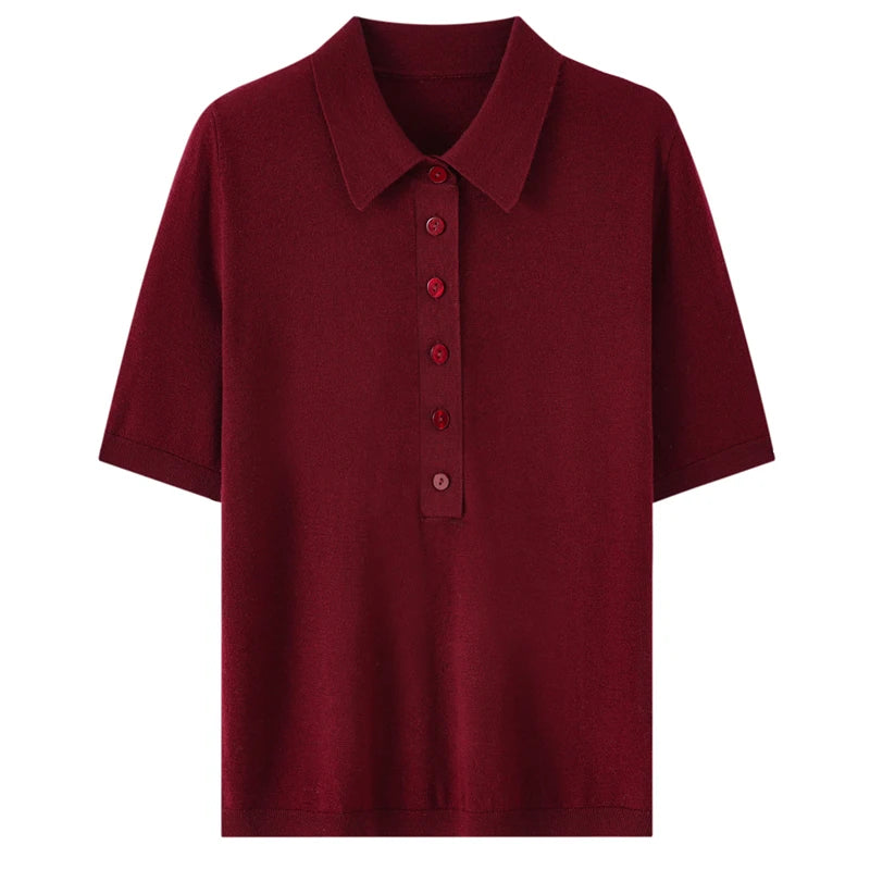 100% fine spun wool women's T-shirt summer solid knitted pullover Jumper sweater short sleeved loose Polo collar Tees Pull Tops