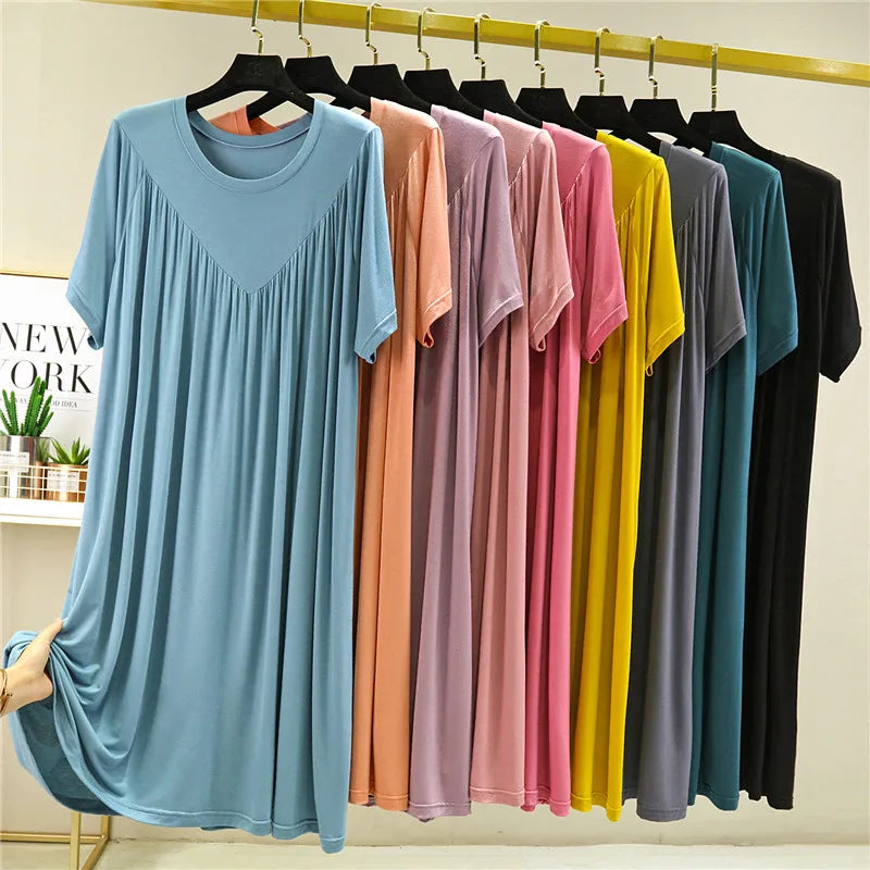 Loose plus Size Sp Dr Modal Women's Summer Thin Home Gown Skirt Sle round Ne ort Sve Long Dr Korean Sle