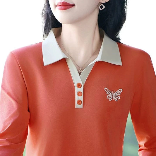 Elegant Embroidered Long Sleeve  Shirt for Women Collared Base Layer Top Anti-Aging Spring Autumn Wear Polyester Fiber