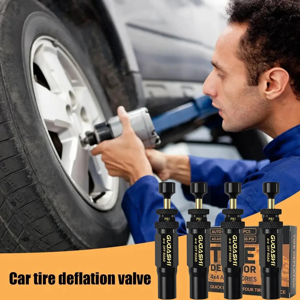 (10-30 PSI) 4 PCS Adjustable Auto-Stop Tire Deflator Valve Kit 4x4 Screw-on Tyre Air Down Tool for Vehicles Motorcycle Offroad