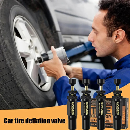 (10-30 PSI) 4 PCS Adjustable Auto-Stop Tire Deflator Valve Kit 4x4 Screw-on Tyre Air Down Tool for Vehicles Motorcycle Offroad