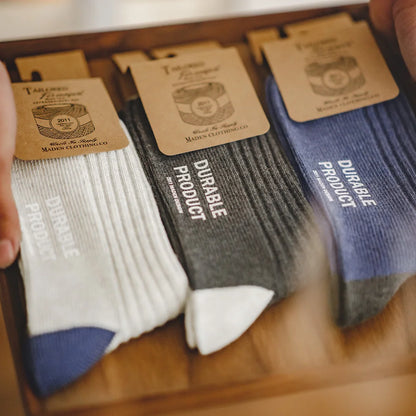 Maden Men's 3 Pairs Socks Casual Contrasting Color Knitted Mid-calf Socks Three-color Pit Thick Line Long Socks