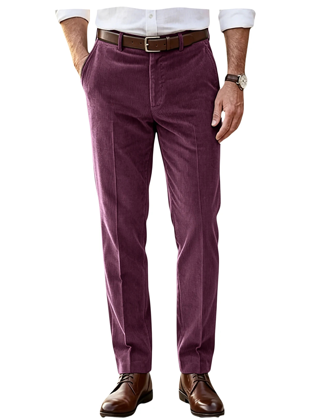 Men's Khaki Corduroy Pants Straight Leg Classic Fit Elastic Waist Comfort Wrinkle Resistant Formal Trousers For Business Office