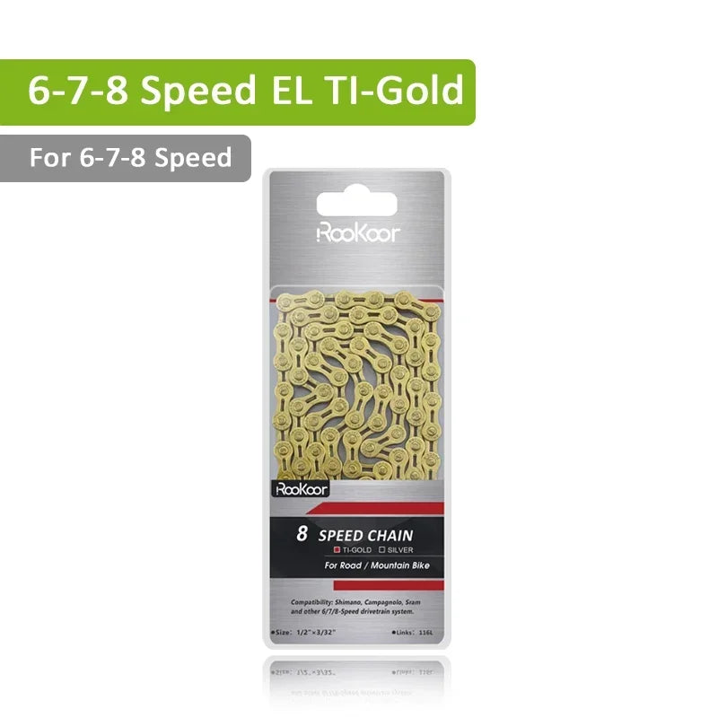 Rookoor Bicycle Chain 6 7 8 9 10 11 Speed Velocidade Titanium Plated TI Gold Silver Mountain Road Bike MTB Chains Part 116 Links