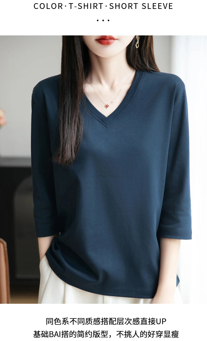 Spring And Summer New White Mercerized Cotton Cropped Sleeve T-shirt Feminine Joker 100% Cotton Bottoming Shirt Half Sleeve