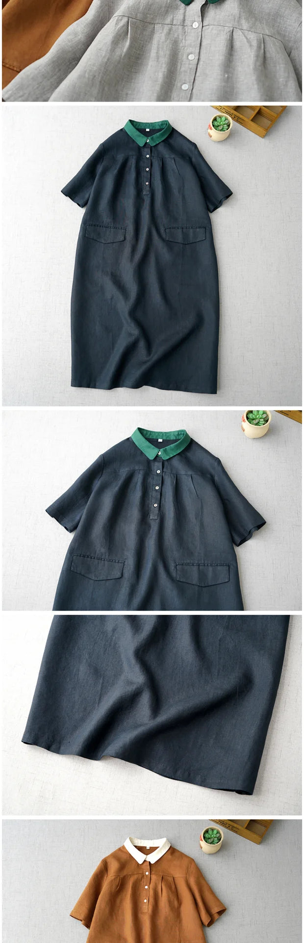 Ele Contrast Color Collar Linen ort Sve irt Dr Women's Summer New Artistic Versatile Midi Dr Comfortable A-L...