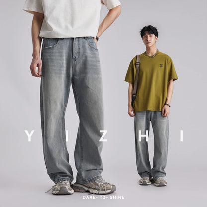 Men's Korean Style Draped Wide Leg Jeans 2026 Summer Elastic Waist Loose Curved Pants Streetwear Commuter Casual Long Trousers