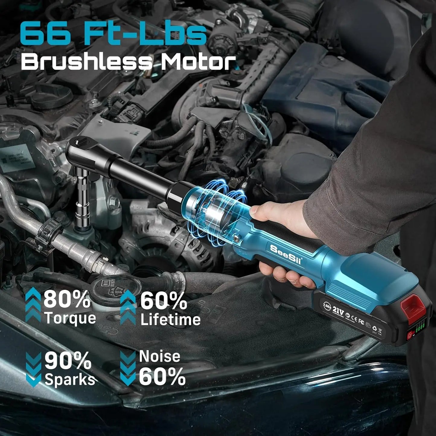 Seesii 21V 6.3'' Extended Electric Ratchet Wrench 3/8"80Nm Cordless Electric Wrench Rechargeable Angle Wrench Car Handheld tools