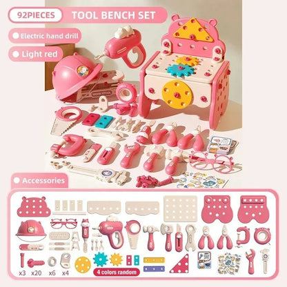 Kids pretend play hippo repair toolbox with simulation electric drill, screw tightening, take-apart & assembly play set.