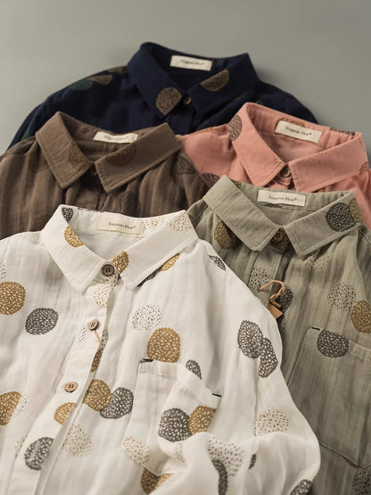 Japan style unique design polka dot print shirts and blouses for women autumn cotton yarn loose thicken long sleeve tops