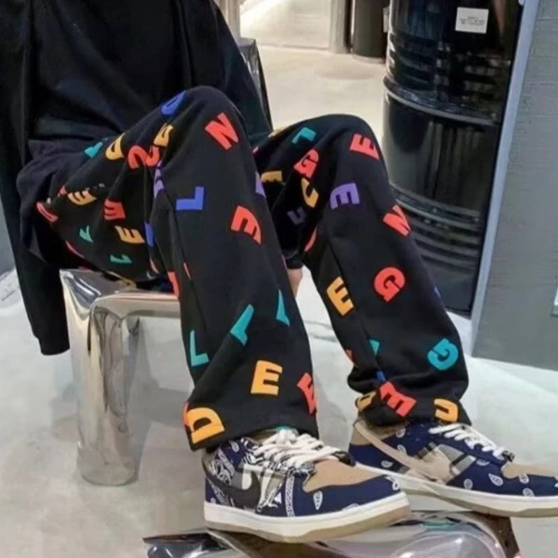 Men's Plus Size Printed Pants Loose Fit Korean Style Sports Joggers Autumn Casual Long Trousers Big Size Fashion for Daily Wear