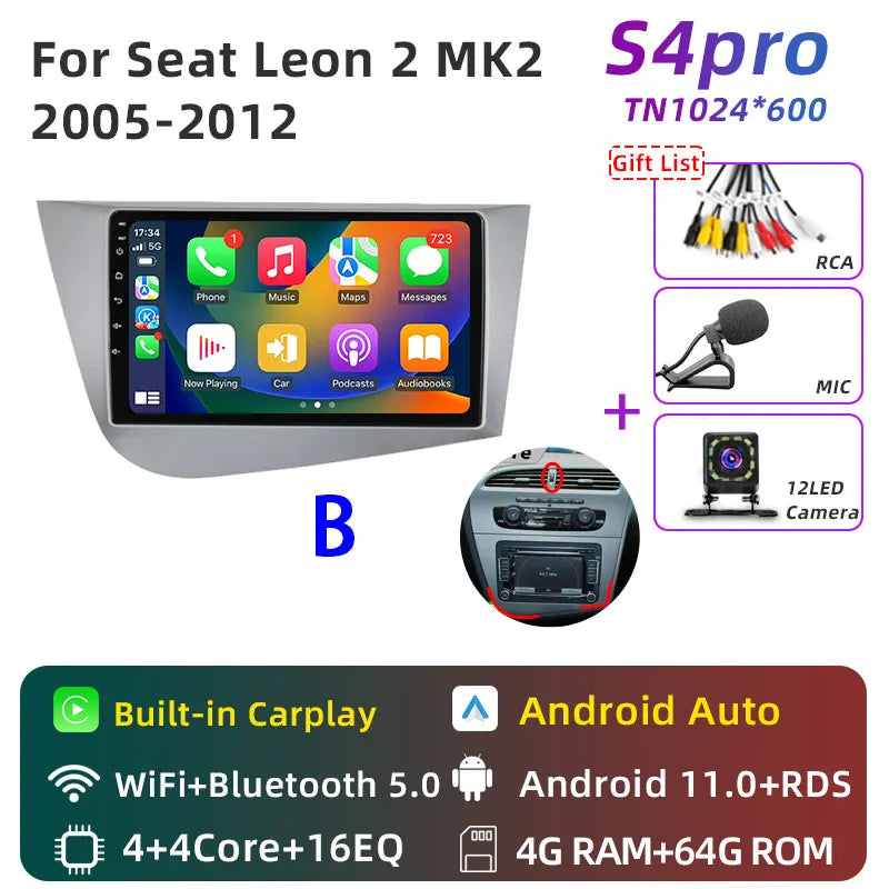 Jundof Car radio For Seat Leon 2 MK2 2005-2012 Carplay Android auto Qualcomm Car stereo Multimedia player 4G Wifi DSP 36EQ RHD