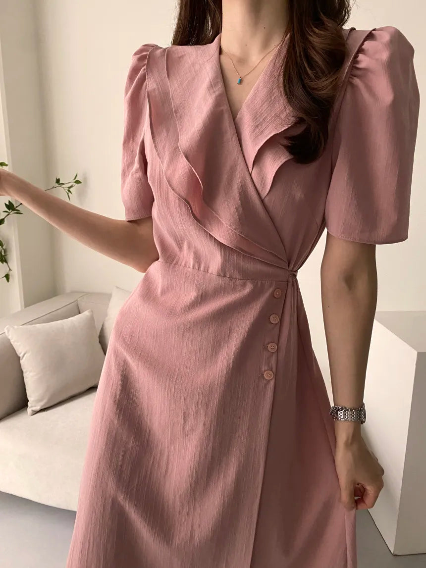 Retro Double Layered Collar Bubble Sleeve  Dress Elegant Short Sleeve V Neck Summer Casual Women's Dress