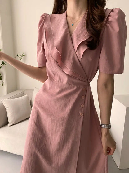 Retro Double Layered Collar Bubble Sleeve  Dress Elegant Short Sleeve V Neck Summer Casual Women's Dress