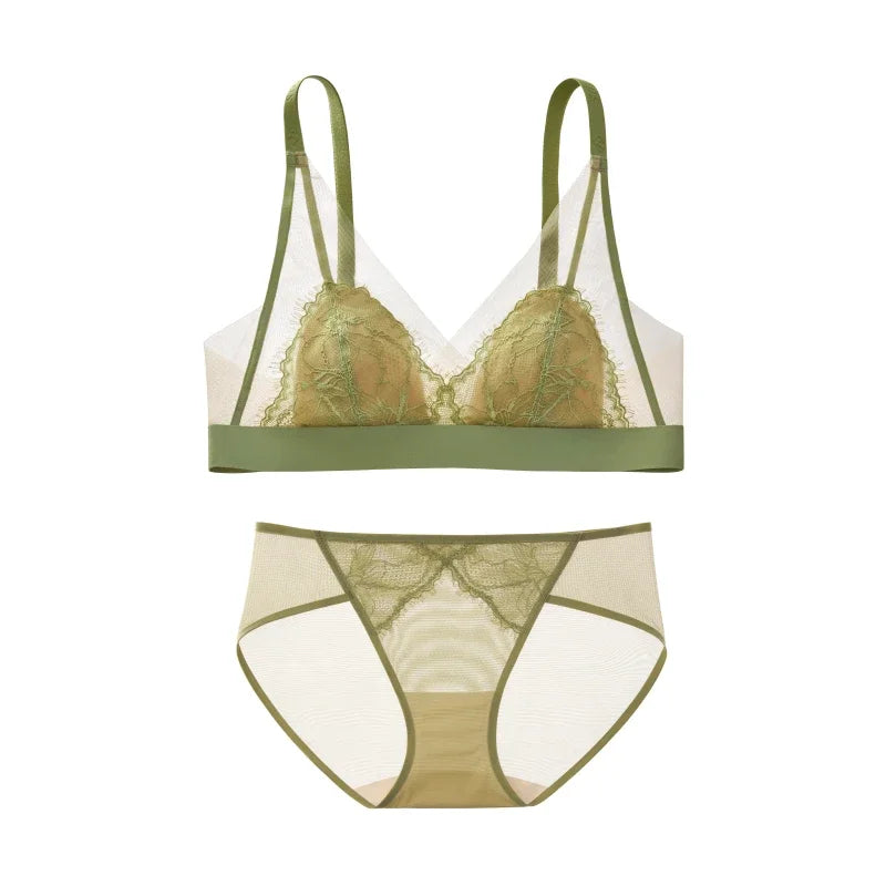SUJIIN Women's Bra and Panty Sets Summer Seamless Wireless Lace Thin Triangle Cup Bras for Women Lingeries Sexy Hot MX292+N197