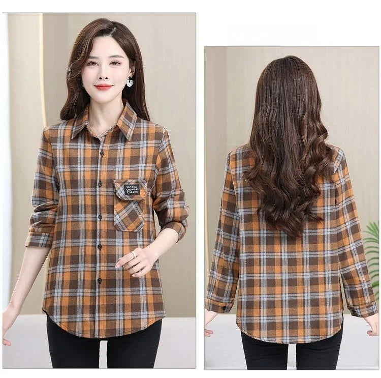Loose Long Sleeve Mom Shirt Women's New Style Slimming Age-Defying Outerwear Versatile Early Autumn Plaid Outfit  Collar