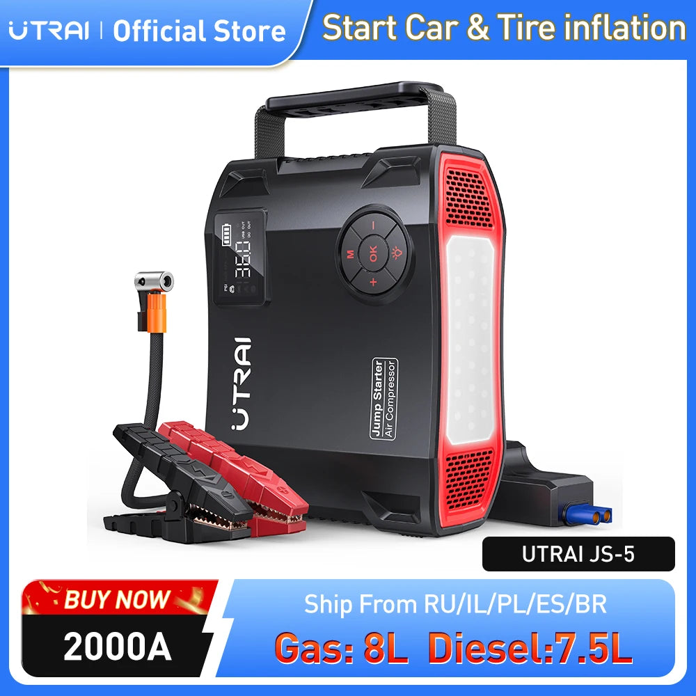 UTRAI Jump Starter 4 in 1 Pump Air Compressor 2000A  Power Bank 12V Digital Tire Inflator 150PSI Emergency Battery Boost