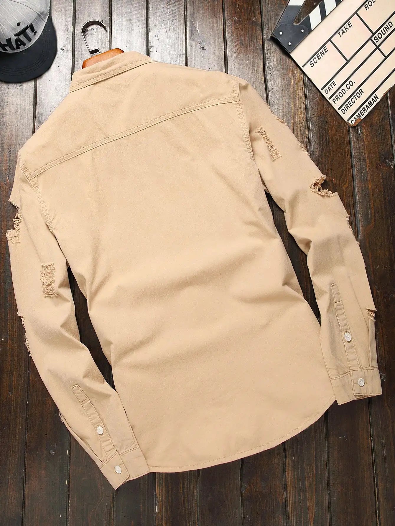 Men's Khaki Ripped Long - Sleeve Shirt for Summer, Trendy Street Style