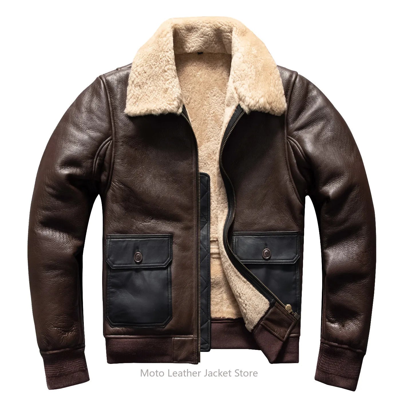 Vintage Wool Winter Thick Genuine Shearling Lamb Fur Men Warm Biker Genuine Leather Jacket Coat