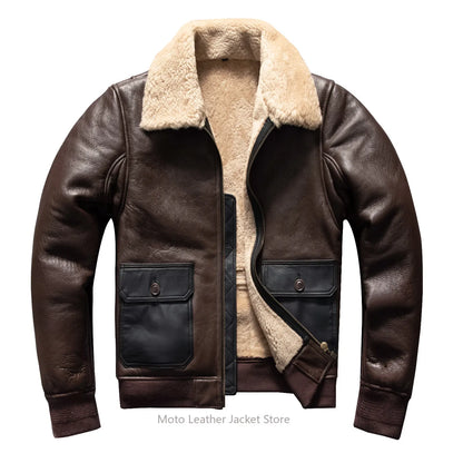 Vintage Wool Winter Thick Genuine Shearling Lamb Fur Men Warm Biker Genuine Leather Jacket Coat