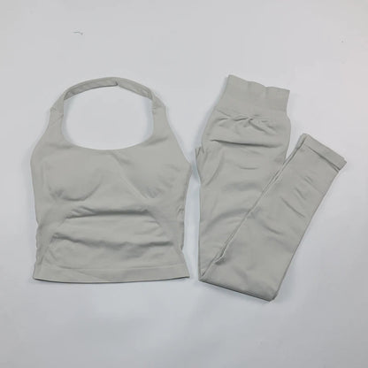 Women's Halter Neck Backless Yoga Set Seamless 2-Piece Outfit Ribbed High-Waist Scrunch Shorts Butt Lifting Gym Pilates Fitness
