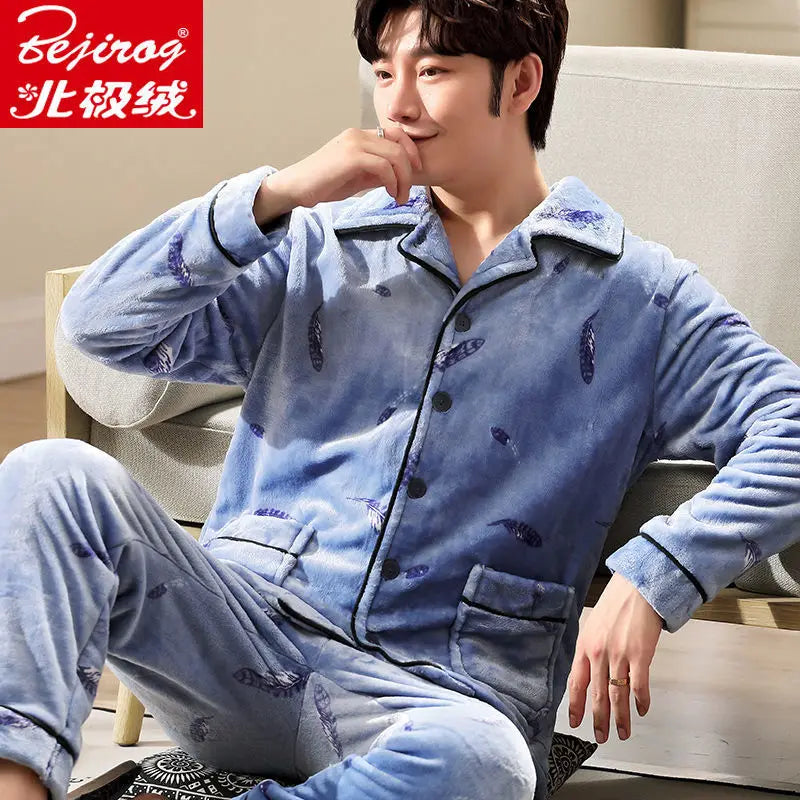 Pajama Sets Flannel Pajamas Men's Winter Thickening Warm Suit Long-sleeved Loose Home Clothes Autumn Cardigan
