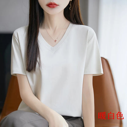 2026 Summer New Pure Cotton V-neck Short-sleeved T-shirt Women's Solid Color Joker Pullover Shirt with Loose Sleeve Bottom Shirt