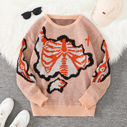 New Trendy Autumn and Winter Skeleton Pattern Pullover Sweater, Casual Round-Neck Color-Blocking Knit Men's Pullover