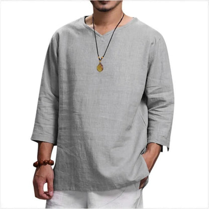 Men's Long Sleeve Loose Shirts Summer Solid Color Casual Shirt High Quality Plus Size V-Neck Shirt Male Clothing 2026