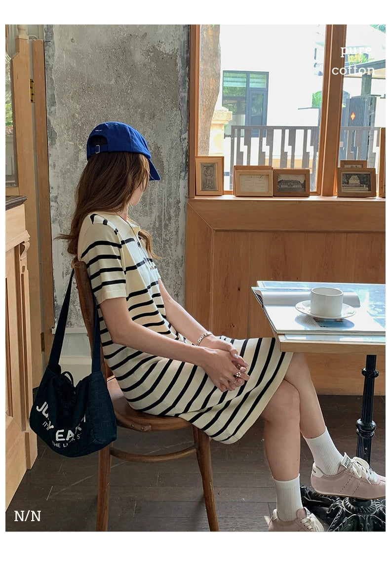 new Korean striped dress for women's summer, pure cotton straight tube mid length skirt