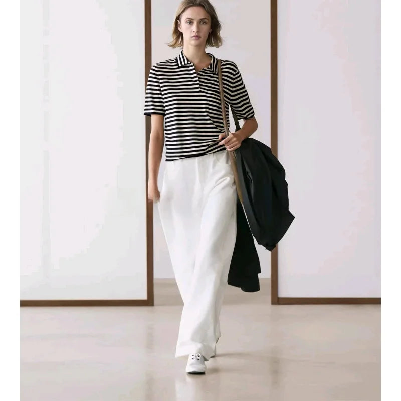 Summer New Women's Knitted Short Sleeve  Shirt Classic Stripes Preppy Style Casual Loose Fit Polyester Fiber 100%
