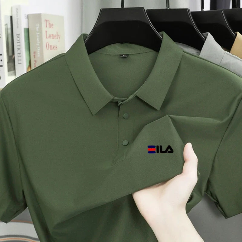 High end ice silk short sleeved men's polo shirt brand printed top summer new comfortable and breathable business casual T-shirt