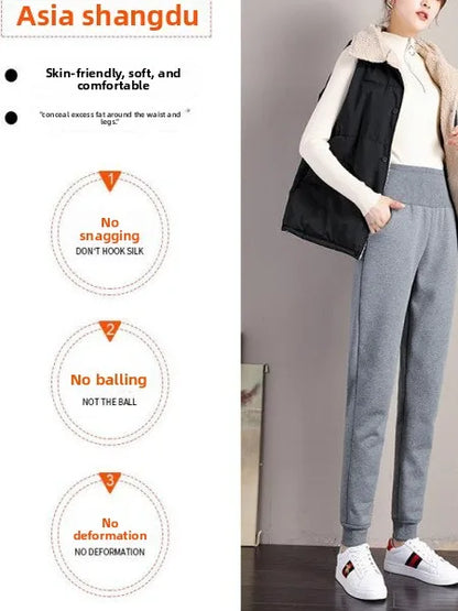plus Size Fleece Lined Thickened Lamb Velvet Casual Slim Fit Pants Winter New Loose Warm Slimming Straight Leg Sweatpants