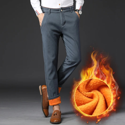 Men Winter Snow Warm Thermal Pants Straight Leg Cool Loose Pants Thicken Fleece Long Korean Business Blue Gray Khaki Trousers