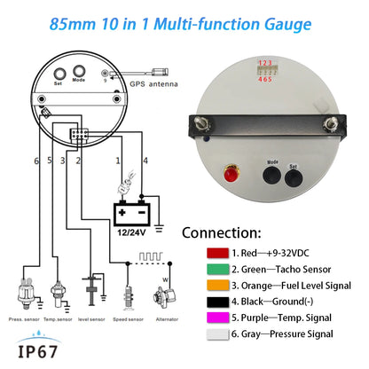 Rhaxel 10 in 1 Multifunction Gauge Digital 85mm GPS Speedometer with RPM Fuel Level Oil Pressure Voltmeter Gauge for Car Marine