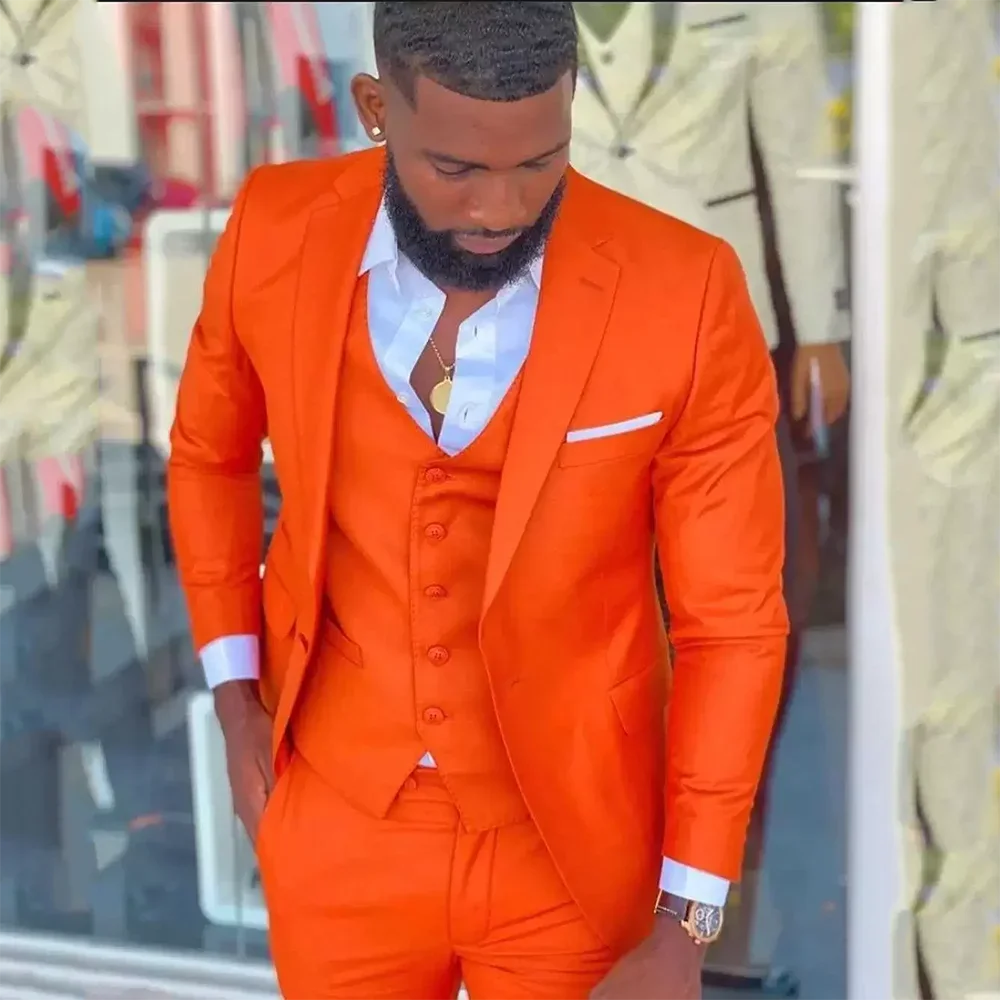 Bright Orange Costume Homme Wedding Dress Tuxedos Business Casual Suit For Men Notched Lapel 2 Piece（Blazer+ Pants）Men Suits