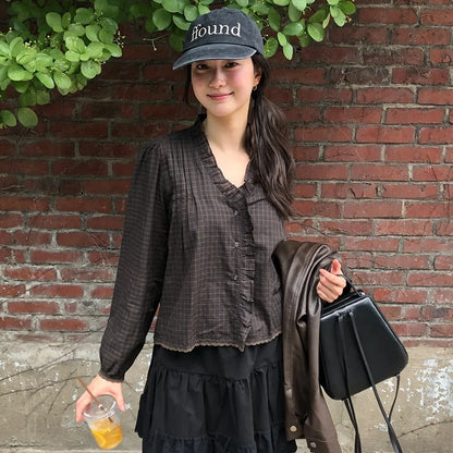 Chic V-Neck Plaid Shirt Women's Sweet Earlet Lace Trim Bubble Sleeve Top Commute Style Loose Fit Skin-Friendly Breathable
