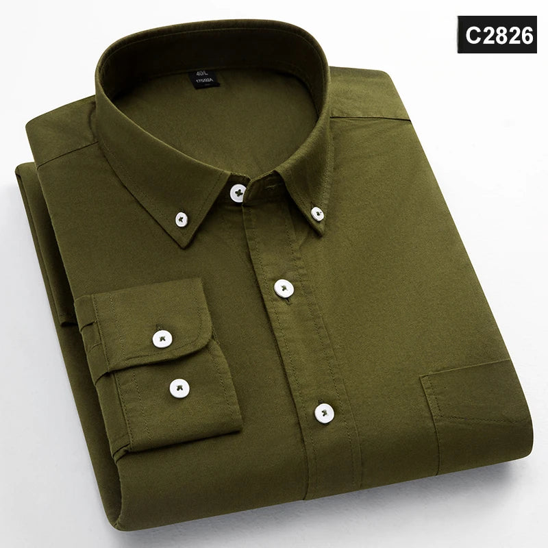 Classic Fit Fashion 100% Cotton Long-Sleeve Shirt for Men Single Pocket Slim Fit Casual Top Soft Oxford Solid Color Office Cloth