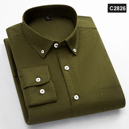 Classic Fit Fashion 100% Cotton Long-Sleeve Shirt for Men Single Pocket Slim Fit Casual Top Soft Oxford Solid Color Office Cloth