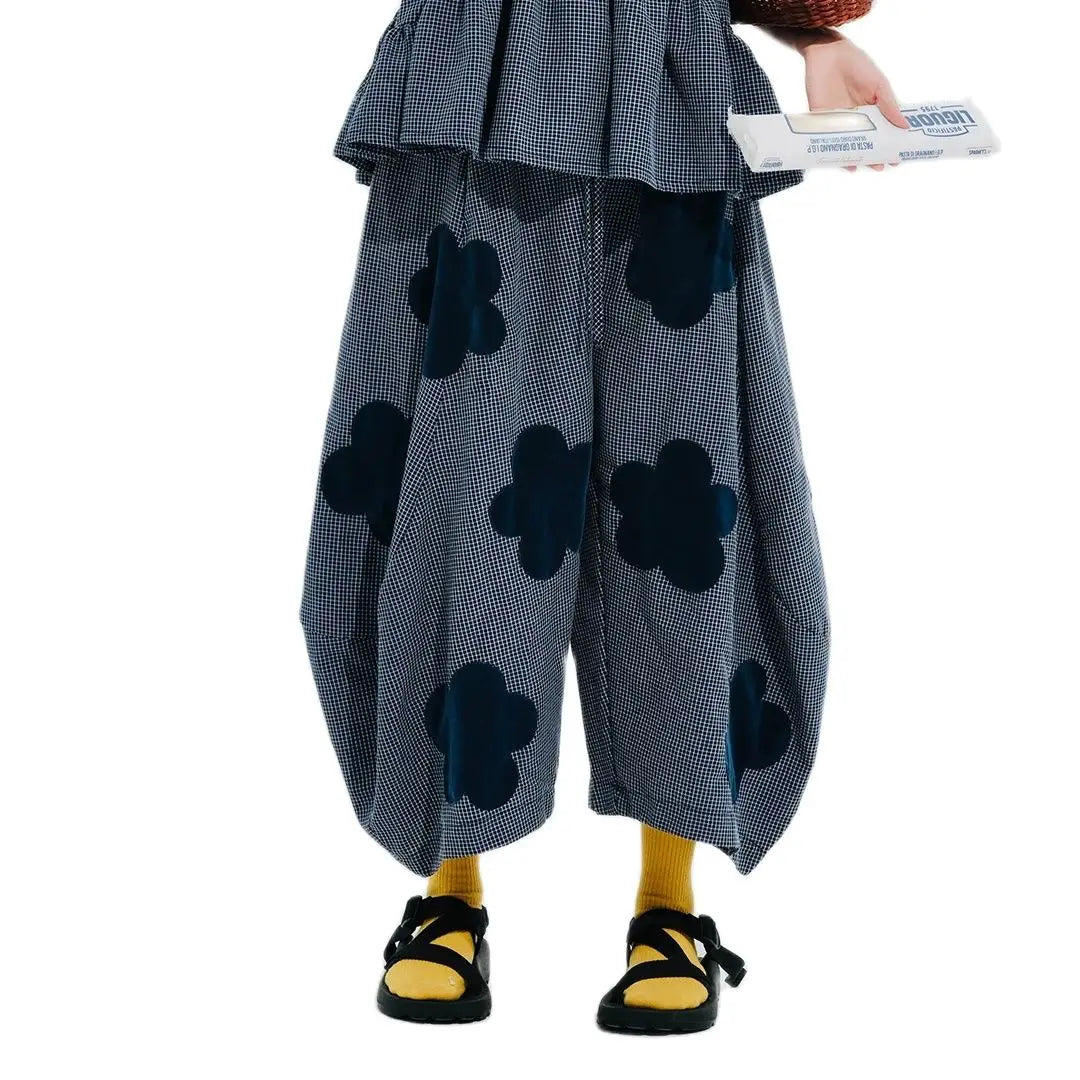 imakokoni 2024 summer new flocking applique plaid Korean wide-leg pants women's loose 244629