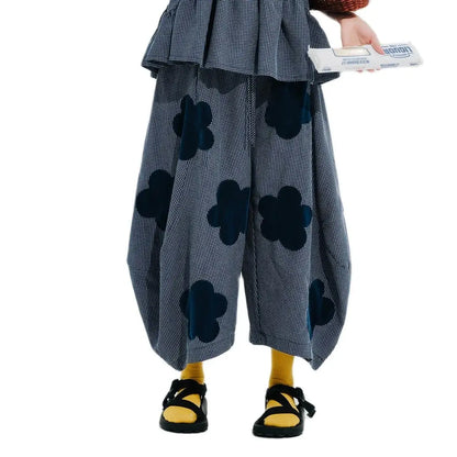imakokoni 2024 summer new flocking applique plaid Korean wide-leg pants women's loose 244629
