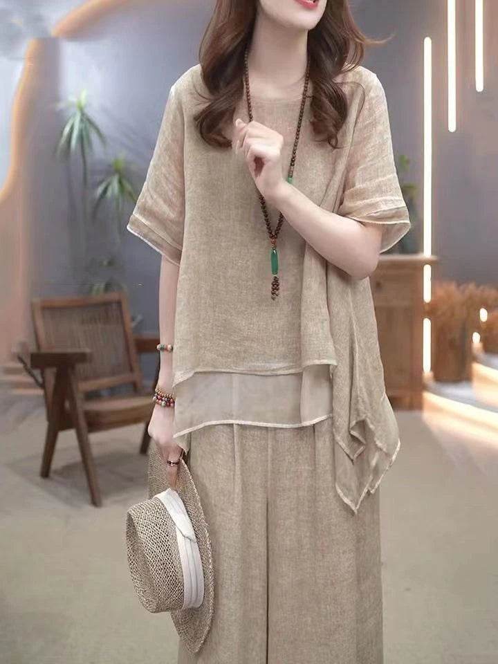 Retro Cotton Linen Set Women's Summer 2026 New Ethnic Style Loose Slimming Belly Covering Two-Piece Set Fashionable Casual Wear