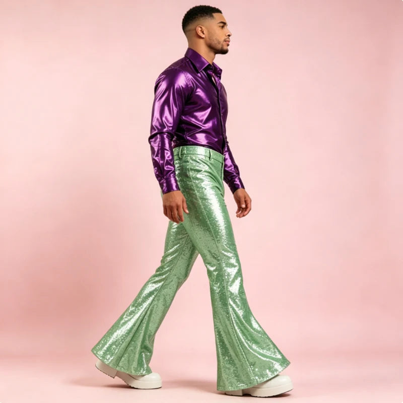 Men's Sequin Flare Pants High Waist Sparkly Bell Bottom Trousers Shiny Glitter Stretchy Breathable for Stage Performance Party