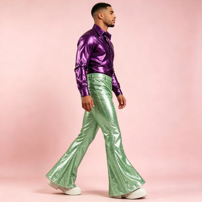 Men's Sequin Flare Pants High Waist Sparkly Bell Bottom Trousers Shiny Glitter Stretchy Breathable for Stage Performance Party